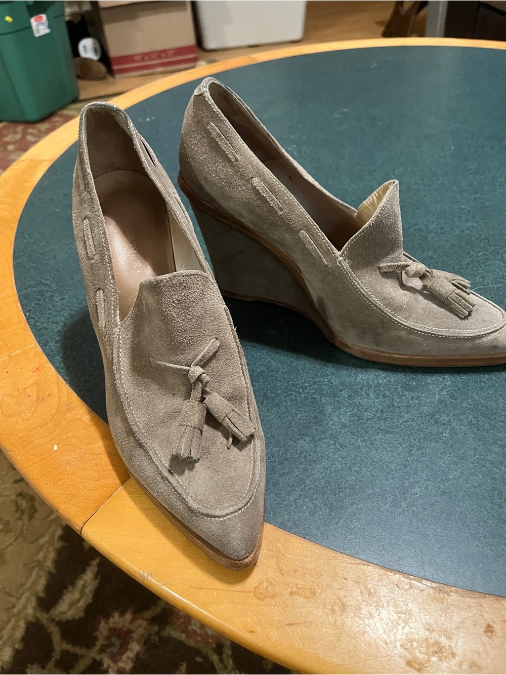 Surface to air Taupe Suede Tassel Wedge Loafers - Women's Dress Shoes 40